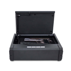 MESA MPS1 handgun safe open showcasing a handgun and magazine storage in a durable matte black finish.