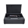 Image of MESA MPS1 handgun safe open showcasing a handgun and magazine storage in a durable matte black finish.