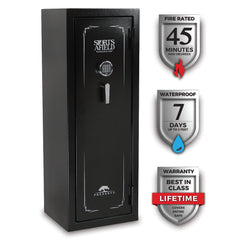 Sports Afield Preserve Series gun safe featuring fire rating, waterproof protection, and lifetime warranty icons.