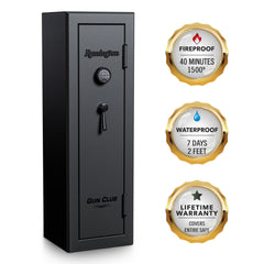 Remington Gun Club fireproof and waterproof gun safe with electronic lock, showcasing safety certifications and features.