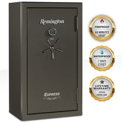 Remington Express 34-Gun Fireproof and Waterproof Gun Safe with electronic lock and warranty badges.