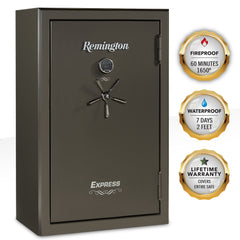 Remington Express 44-Gun Fireproof and Waterproof Gun Safe with electronic lock and warranty badges.